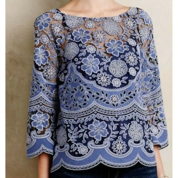 Anthropologie HD In Paris Top Women Sz 4 Blue Lace Peasant Sheer Fairy Woodland - Picture 2 of 6